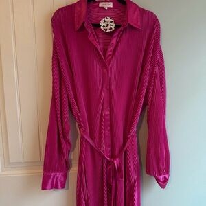Vibrant Pink Pleated Shirt Dress